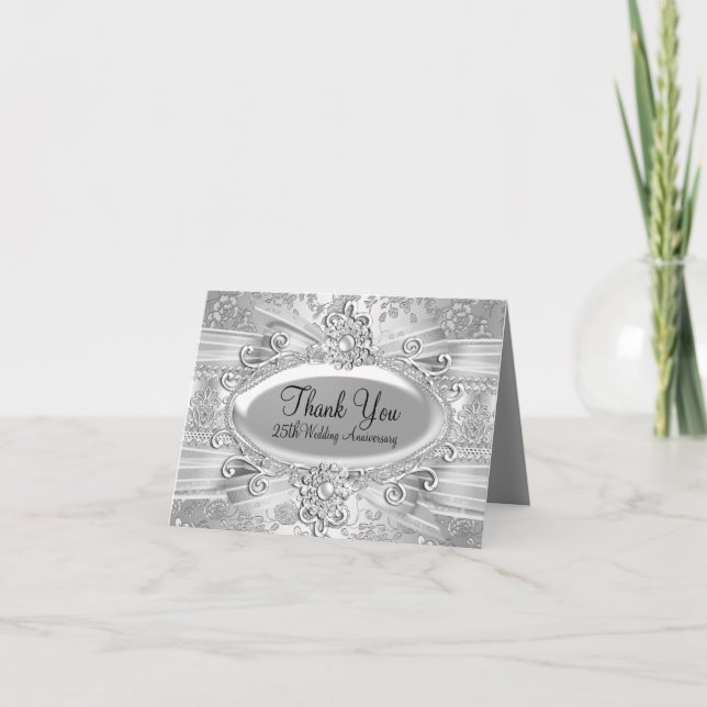 Cartão De Agradecimento Rose & Jewel Prata 25º Aniversário Obrigado (Frente)