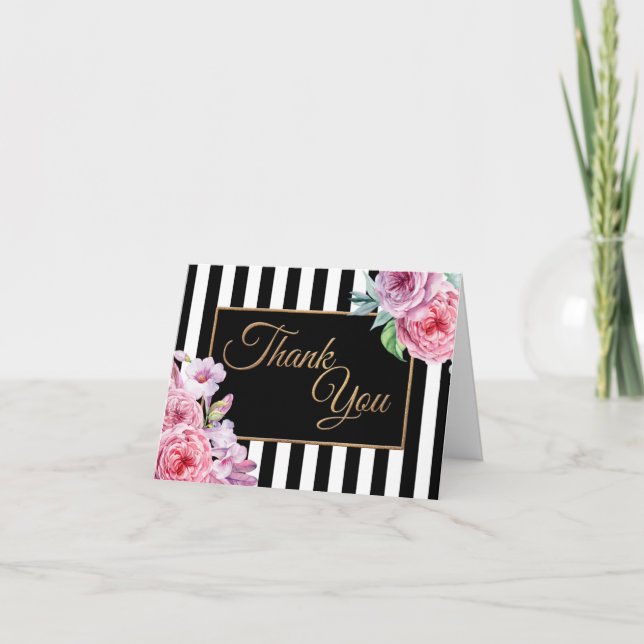 Cartão De Agradecimento Roses and Stripes Glitter Script Thank You Card (Frente)