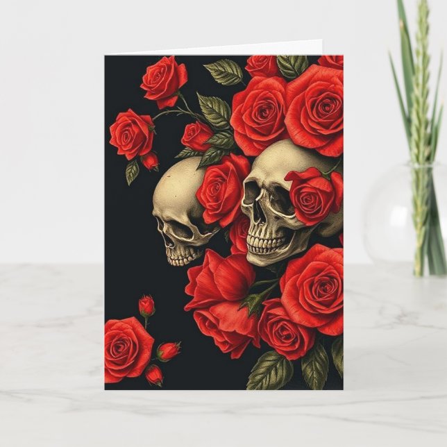 Cartão De Agradecimento Roses n Skulls Valentine Card (Frente)