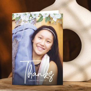 Cartão De Agradecimento Roteiro de Bat Mitzvah Foto Dourado Floral Aquarel