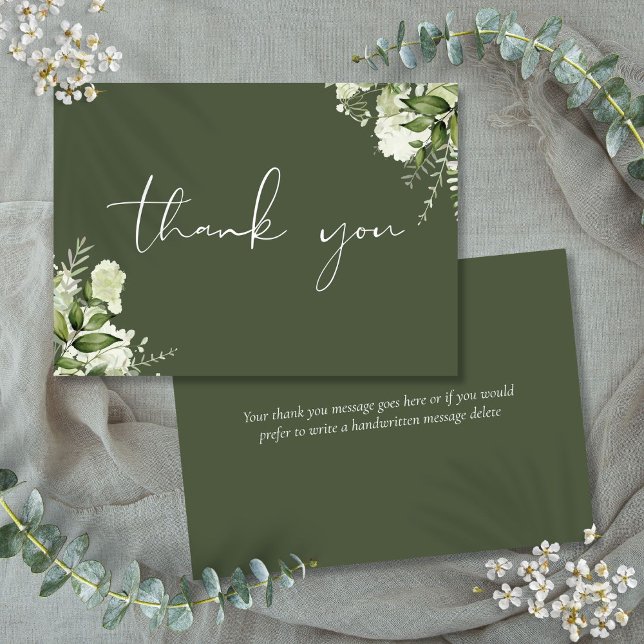 Cartão De Agradecimento Rótulo Personalizado Oliva Verde Floral Elegante (Personalized Olive Green Floral Elegant Script Thank You Card)
