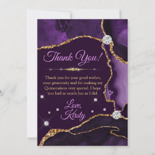Cartão De Agradecimento Roxo e Dourado Falso Brilho Ágata Quinceañera