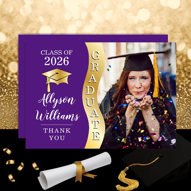 Cartão De Agradecimento Roxo | Foto do Boné Formando de onda do Formando D (Elegant Modern Purple and Gold Tone Graduate Wave Grad Cap Photo Thank You Card)