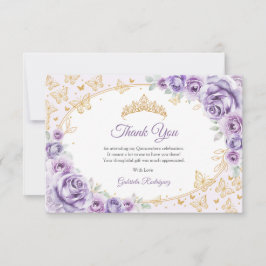 Cartão De Agradecimento Roxo Lilás Dourado Floral Quinceanera