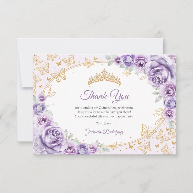 Cartão De Agradecimento Roxo Lilás Dourado Floral Quinceanera (Frente)