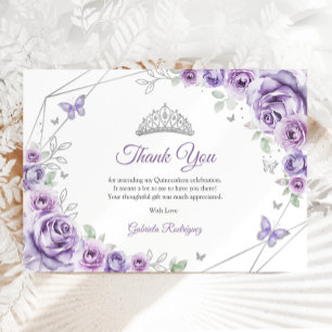 Cartão De Agradecimento Roxo Lilás Floral Quinceanera Prata