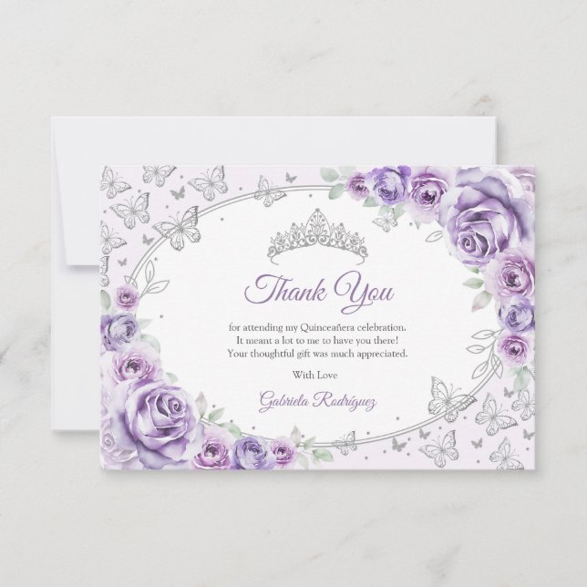 Cartão De Agradecimento Roxo Lilás Prata Floral Quinceanera (Frente)