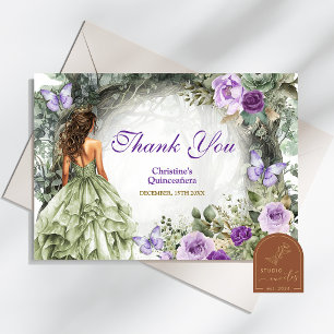 Cartão De Agradecimento Roxo Sage Verde Floresta Caprichosa Quinceanera