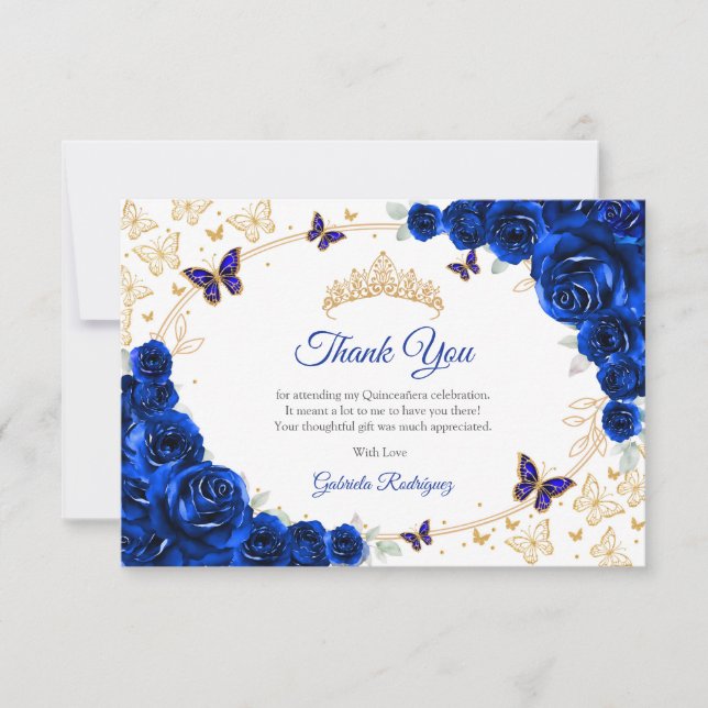Cartão De Agradecimento Royal Blue Gold Floral Quinceanera (Frente)