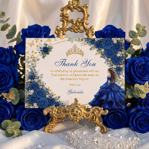 Cartão De Agradecimento Royal Blue Golden Butterflies Quinceañera 