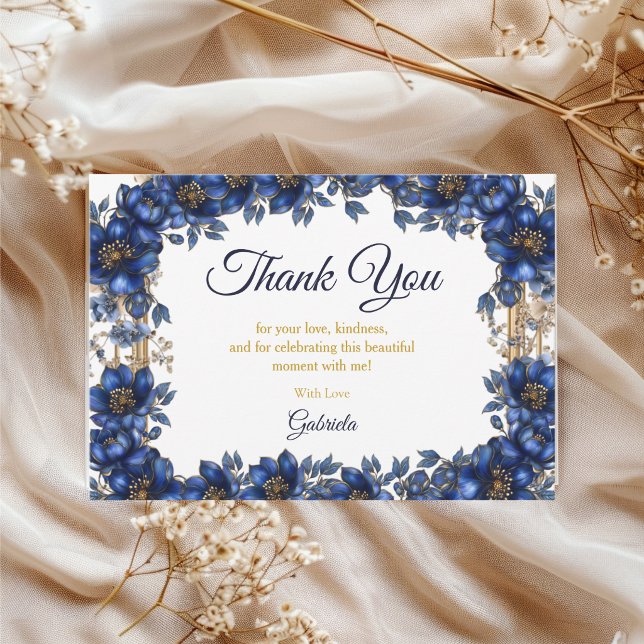 Cartão De Agradecimento Royal Blue Golden Tiara Floral Quinceañera (Criador carregado)