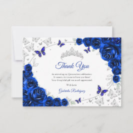 Cartão De Agradecimento Royal Blue Silver Floral Quinceanera