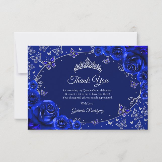 Cartão De Agradecimento Royal Blue Silver Quinceanera (Frente)