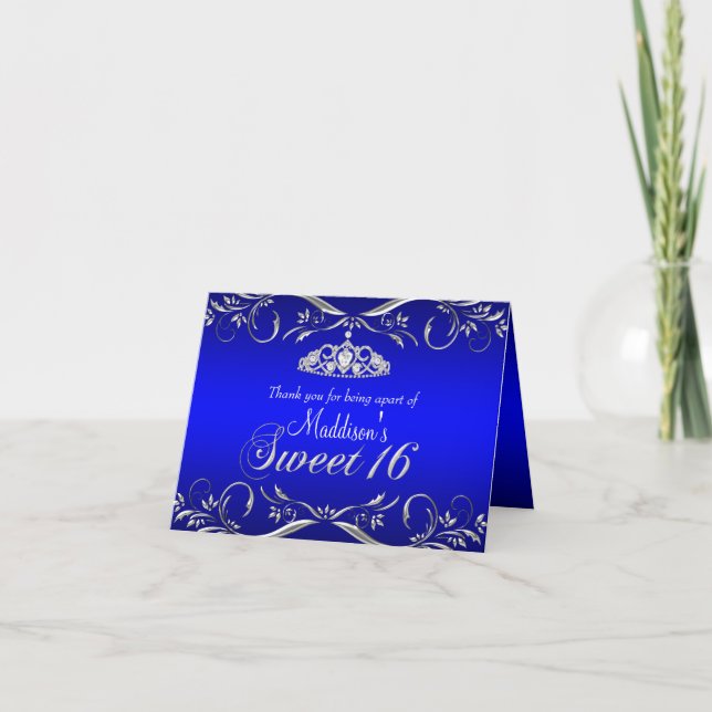 Cartão de Agradecimento Royal Blue & Silver Tiara  (Frente)