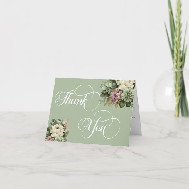 Cartão De Agradecimento RSVP de Casamento Branco e Verde Floral Elegante (Frente)