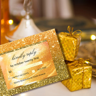 Cartão De Agradecimento RSVP Dourado Elegante   Glitter e Pérolas