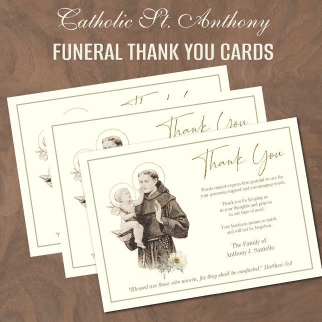 Cartão De Agradecimento Rua. Anthony Jesus Simpatia de Condolência Funeral (Catholic Funeral Memorial Thank you Cards with St. Anthony and the Baby Jesus)