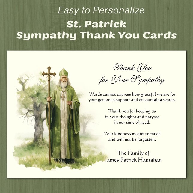 Cartão De Agradecimento Rua. Patrick Irish Sympathence Condolence (Easy to Personalize St. Patrick Sympathy Thank you cards)