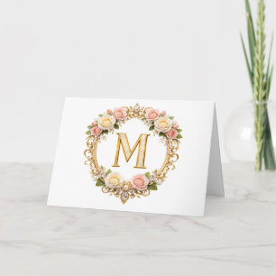 Cartão De Agradecimento Rubor Rosa Dourado Floral Monograma Letra M Casame