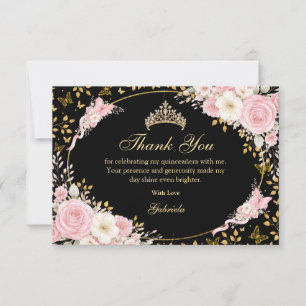 Cartão De Agradecimento Rubor Rosa Preto e Dourado Borboleta Quinceañera