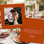 Cartão De Agradecimento Rust Orange Love Obrigados Foto e Nota Casamento<br><div class="desc">Esta simples carta é uma forma excelente de obrigado para seus convidados de casamento, família e membros da sua festa noiva por fazerem parte do seu dia especial. O design minimalista apresenta a sua fotografia num fundo cor de laranja, enferrujado ou queimado, com leitura de texto branco justificável à esquerda:...</div>