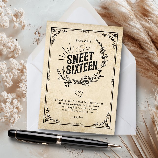 Cartão De Agradecimento Rustic Beige Western Sweet Sessenta Obrigado (Rustic Sweet Sixteen thank-you card with vintage western design, displayed on an envelope.)