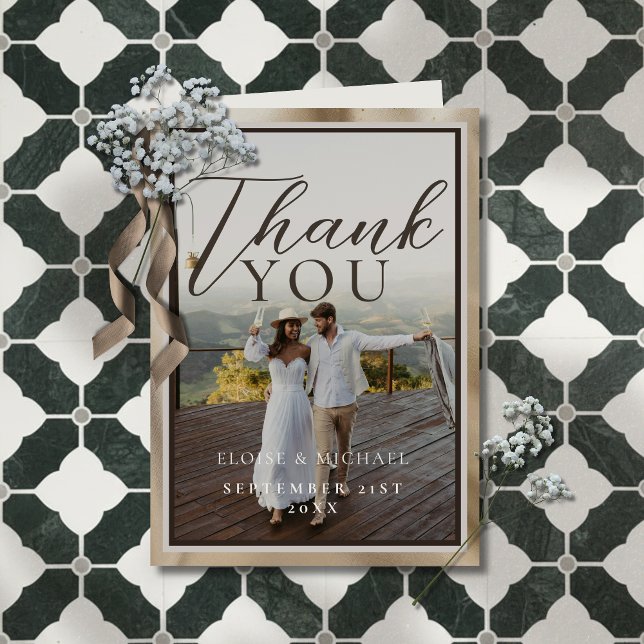 Cartão De Agradecimento Rustic Brown Botanical Pattern Photo Wedding (Thank your guests for celebrating your big day with this Rustic Brown Photo Folded Thank You Card!)