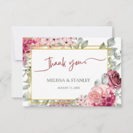 Cartão De Agradecimento Rustic Burgundy Marsala e Casamento Floral Rosa