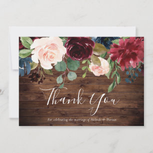 Cartão De Agradecimento Rustic Burgundy Red Wine & Blush Floral Weds