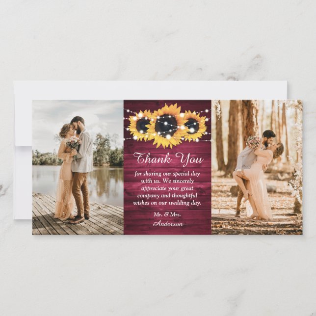 Cartão De Agradecimento Rustic Burgundy Wood Burlap Heart Sunflower Photo (Frente)