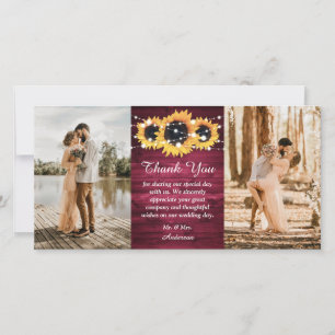 Cartão De Agradecimento Rustic Burgundy Wood Burlap Heart Sunflower Photo