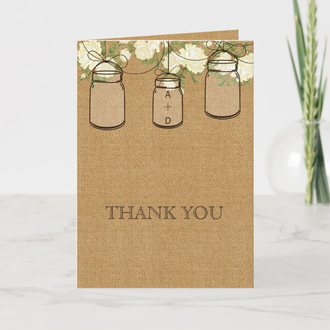 Cartão De Agradecimento rustic burlap mason jars bridal shower Thank You (Frente)