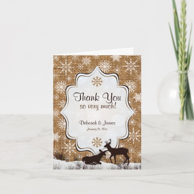 Cartão De Agradecimento Rustic Burlap Snowflakes Deer PHOTO Thank You Card (Frente)