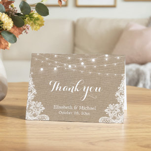 Cartão De Agradecimento Rustic Burlap String Lights Lace Casamento Obrigad