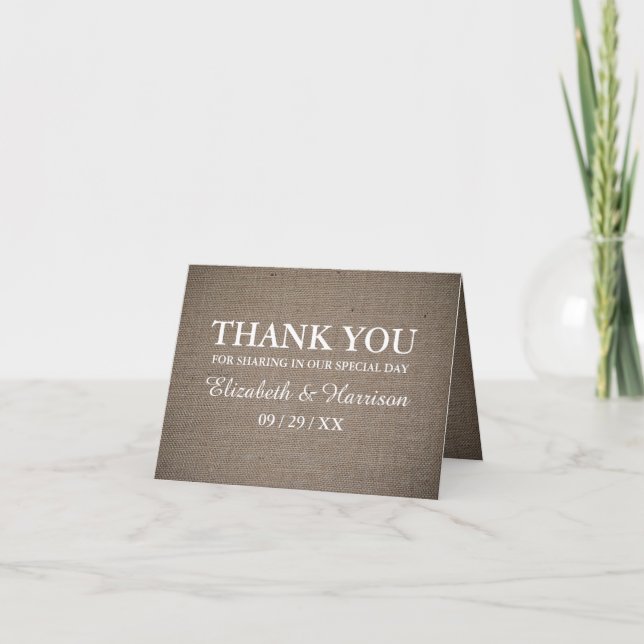 Cartão De Agradecimento Rustic Burlap Weddig (Frente)