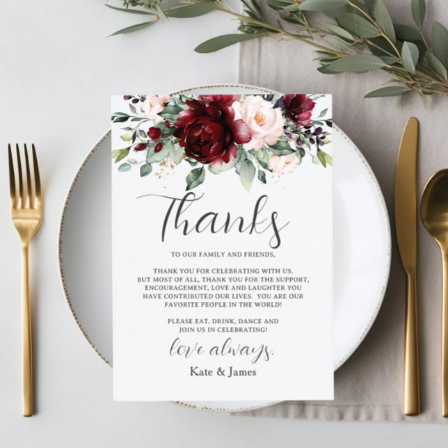 Cartão De Agradecimento Rustic Chic Burgundy Blush Floral QR Share Fotogra (Criador carregado)