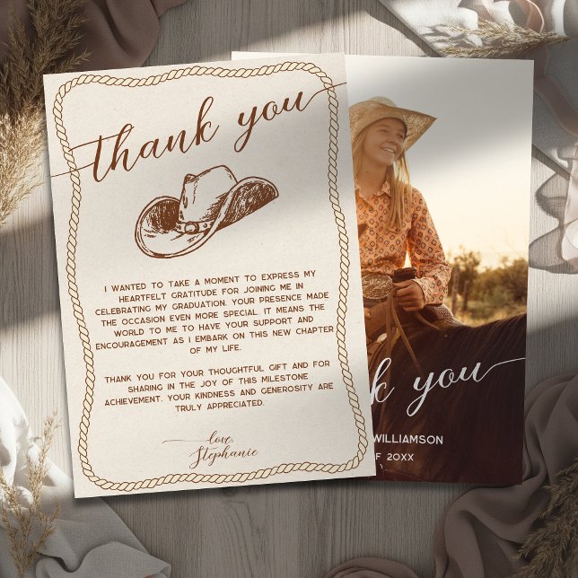 Cartão De Agradecimento  Rustic Cowboy Hat Photo Graduation Party Script (Criador carregado)