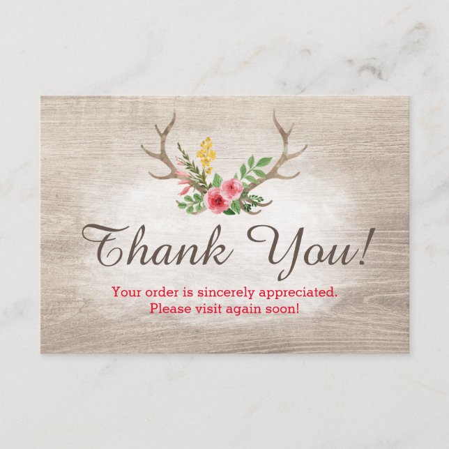 Cartão De Agradecimento Rustic Deer Antler Bohemian Floral Wood Obrigado (Frente)