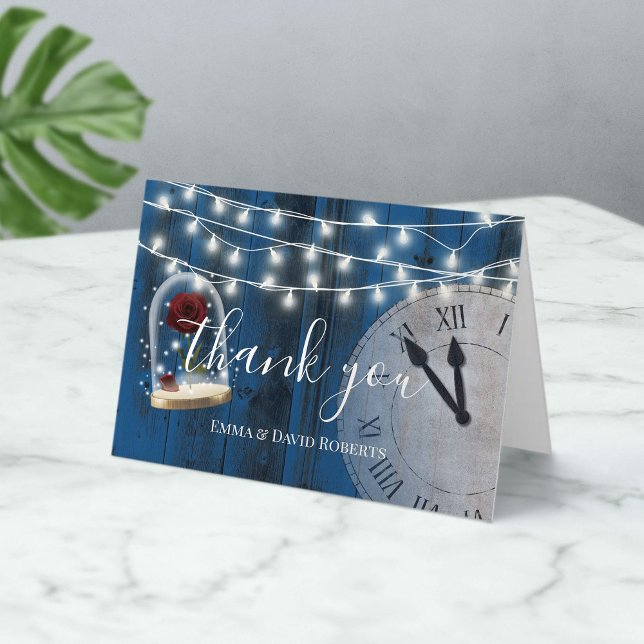 Cartão De Agradecimento Rustic Fairytalt Weding Barn Wood Marinho Obrigado (Criador carregado)