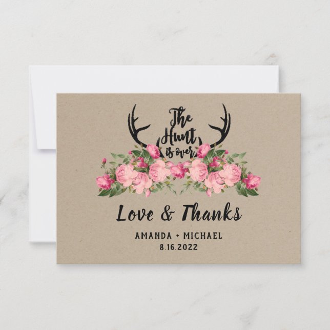 Cartão De Agradecimento Rustic Floral Kraft Hunt Terminou O Casamento Obri (Frente)