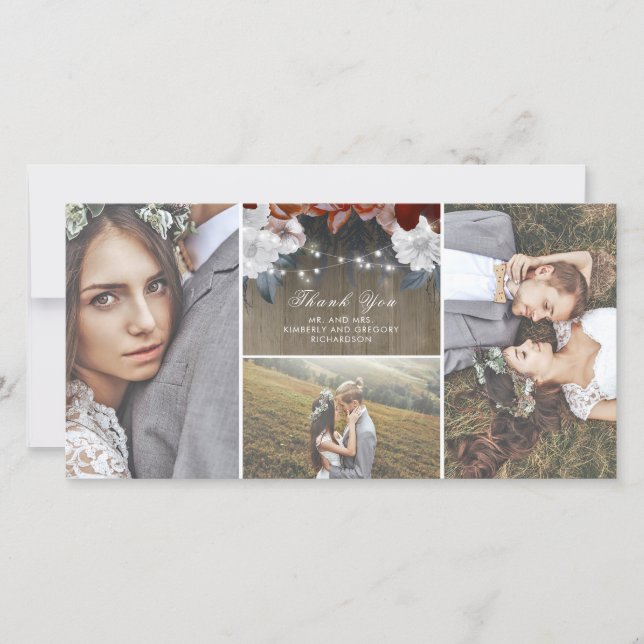 Cartão De Agradecimento Rustic Floral String Lights Wood Casamento Obrigad (Frente)