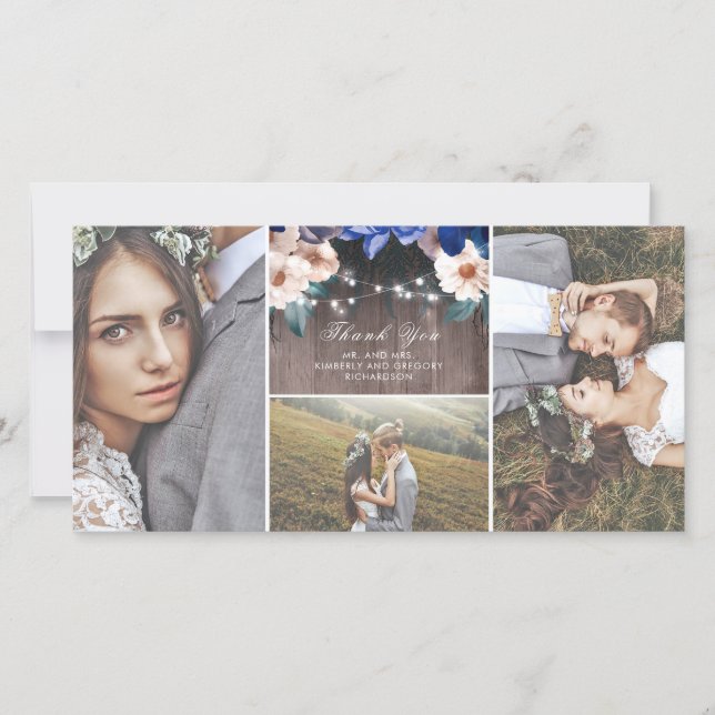 Cartão De Agradecimento Rustic Floral String Lights Wood Casamento Obrigad (Frente)