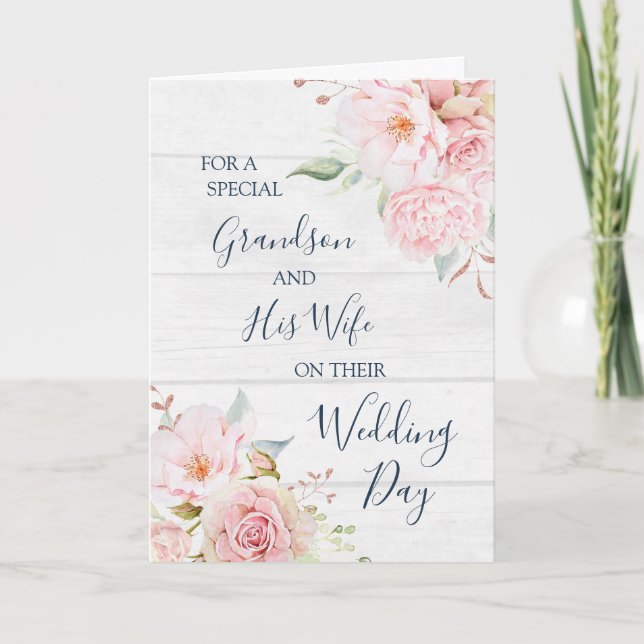 Cartão De Agradecimento Rustic Floral Wedding Day Grandson and Wife card (Frente)