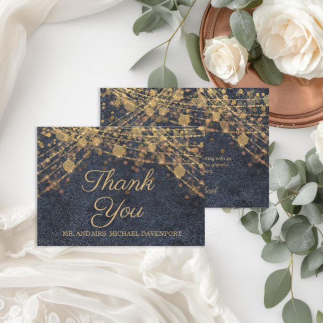 Cartão De Agradecimento Rustic Glam Blue Dourado String Luzes Casamento (Rustic chic navy blue and gold string lights wedding Thank You card)