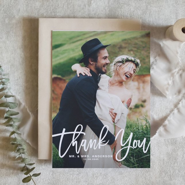 Cartão De Agradecimento Rustic Hand Lettering Photo Wedding Thank You Card (White Hand Lettering Photo Wedding Thank You Card)