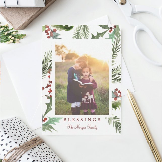 Cartão De Agradecimento Rustic Holly Christmas Photo Cards (Criador carregado)
