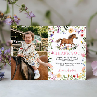 Cartão De Agradecimento Rustic Horse Wildflower Girl Birthday Party Photo