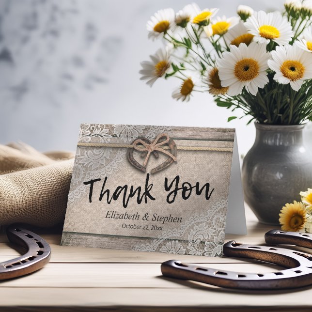 Cartão De Agradecimento Rustic Horseshoes Burlap Lace Wedding Thank You (Criador carregado)