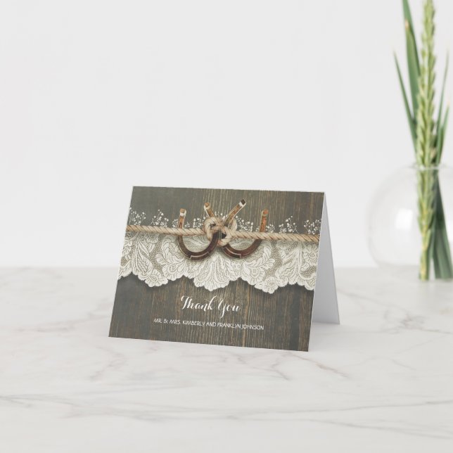Cartão De Agradecimento Rustic Horsferes Lace Wood Casamento Obrigado (Frente)