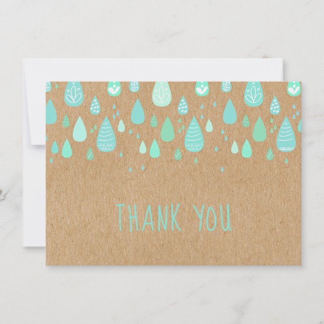 Cartão De Agradecimento Rustic Kraft Mint Green Raindrops Script Obrigado (Frente)